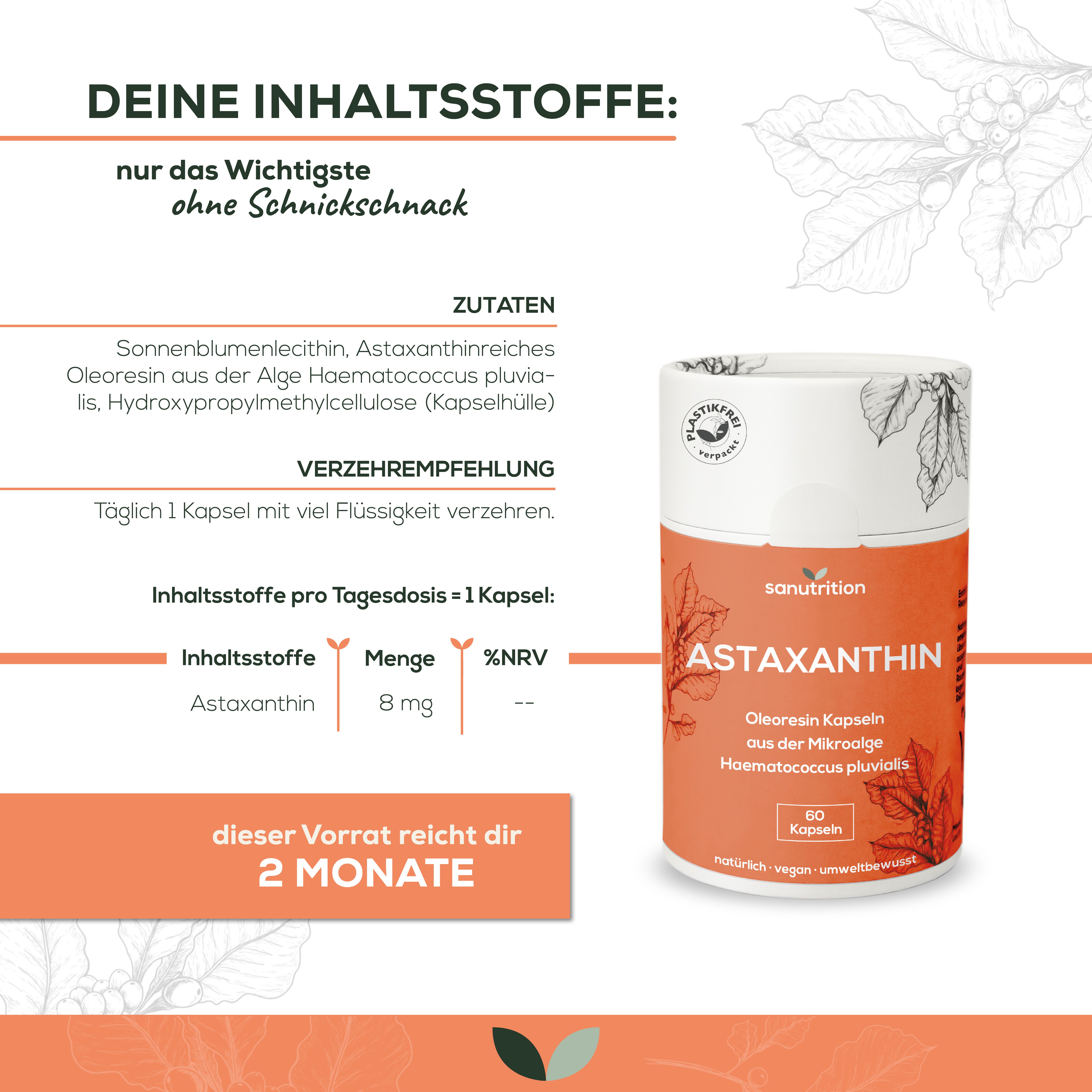 Infografik: Inhaltsstoffe, Verzehrempfehlung, 8 mg Astaxanthin pro Kapsel. 60 Kapseln. Produktabbildung.