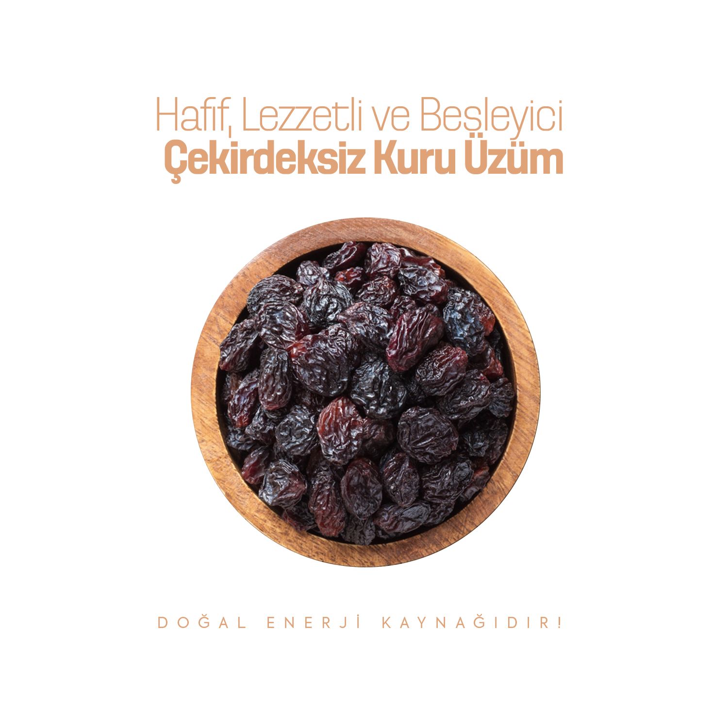 Holzschale gefüllt mit schwarzen Rosinen.