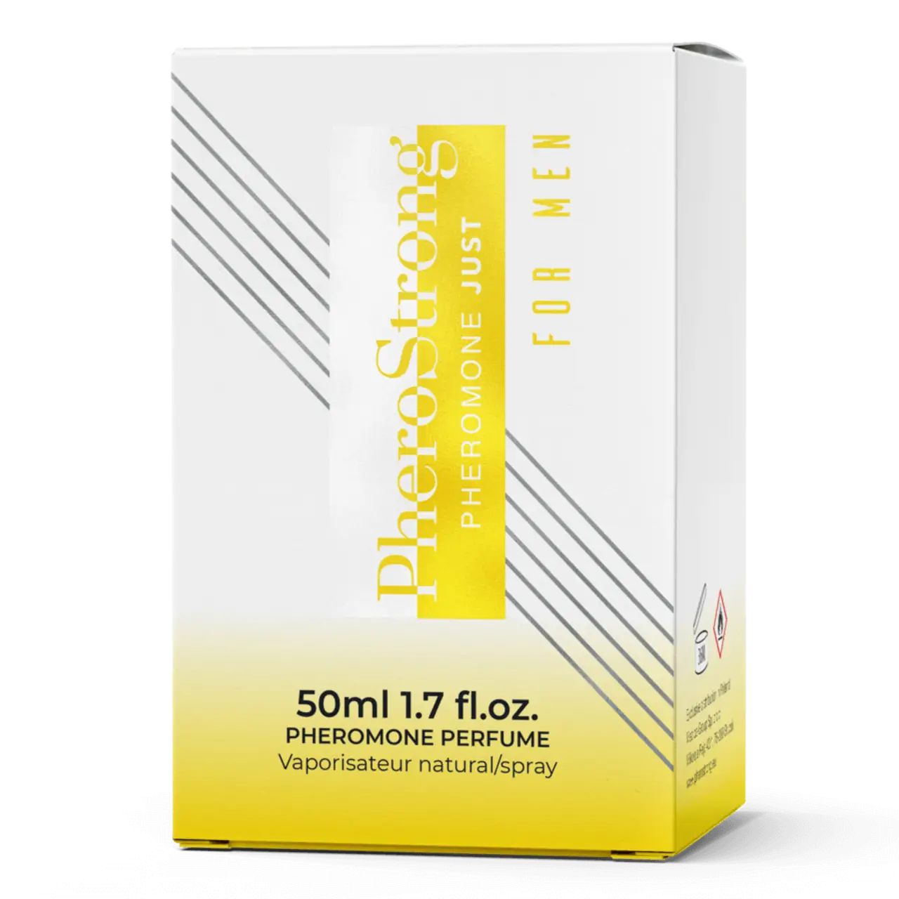 Weiße Schachtel mit gelbem Streifen. Aufschrift PheroStrong, Pheromone Just Für Männer. 50ml. 1.7 fl.oz. Parfüm.