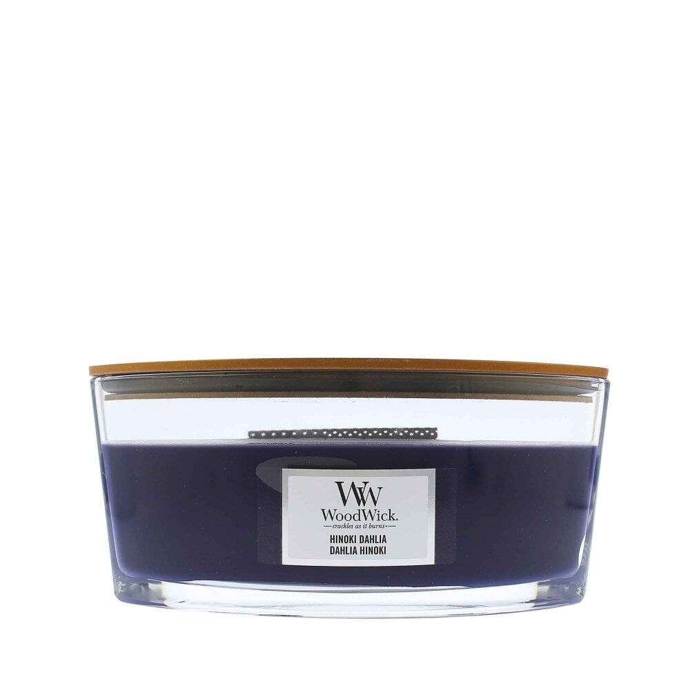 Kerze mit Holzdeckel. Violettes Wachs in Glasbehälter. Label mit Logo und Produktbezeichnung.