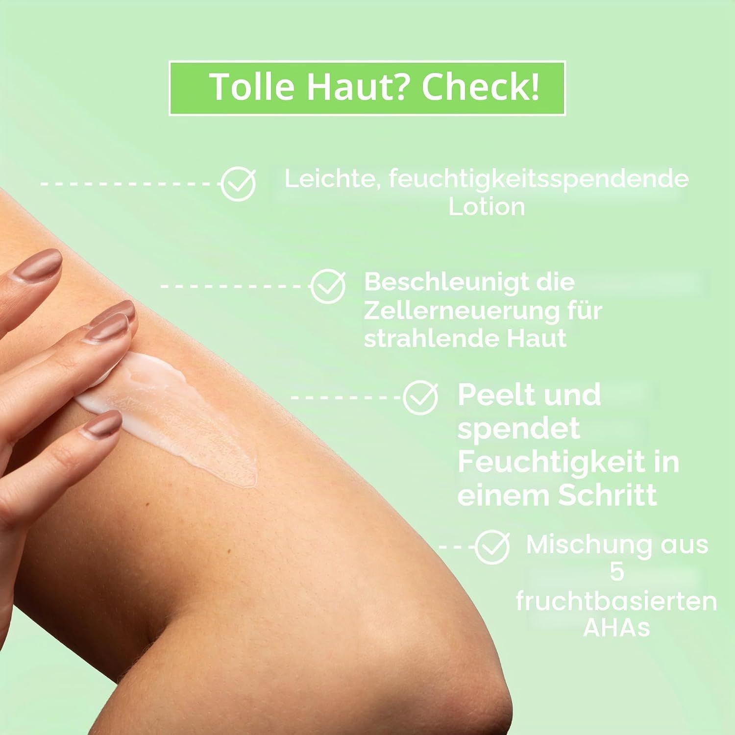 Arm mit aufgetragener Lotion, umgeben von Text-Aufzählungen.