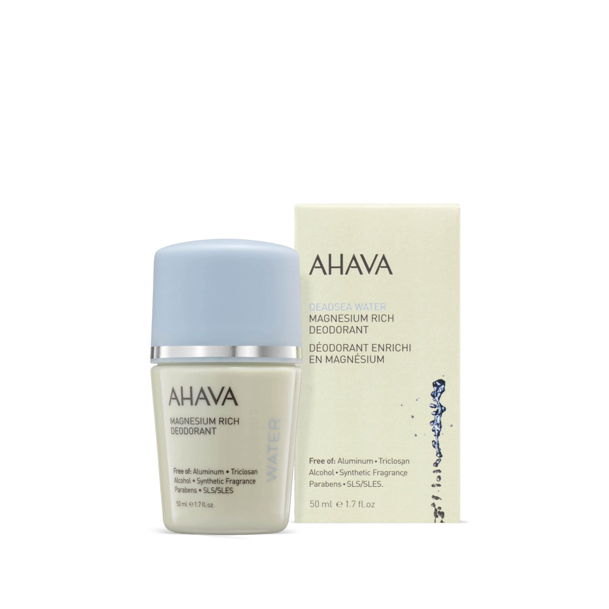 AHAVA Magnesium Rich Deodorant Roll-On mit hellblauem Deckel und Verpackung.