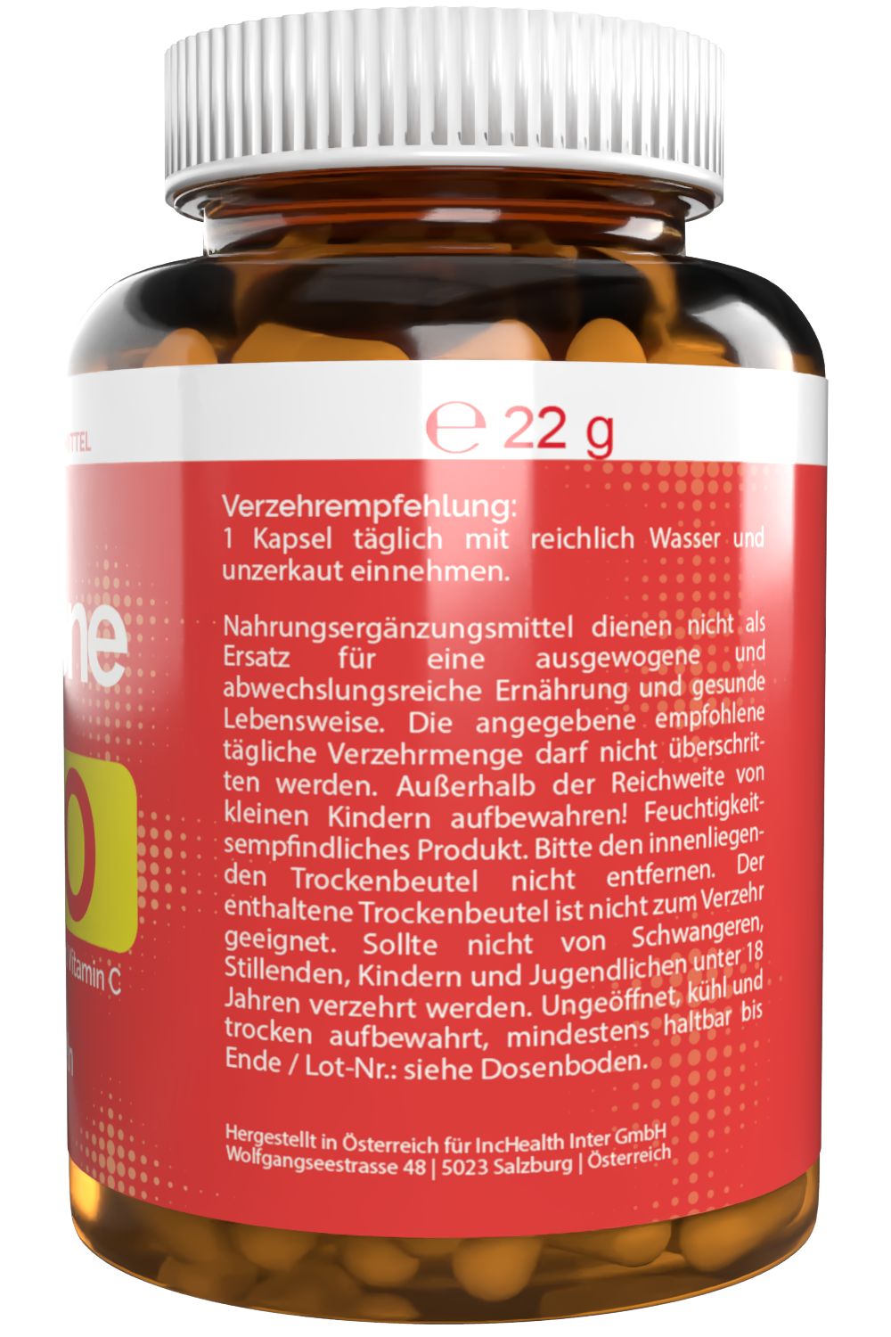 Rückseite einer Flasche mit braunen Kapseln. Rotes Etikett mit Verzehrempfehlung und Inhaltsangaben. Gewicht: 22 g.
