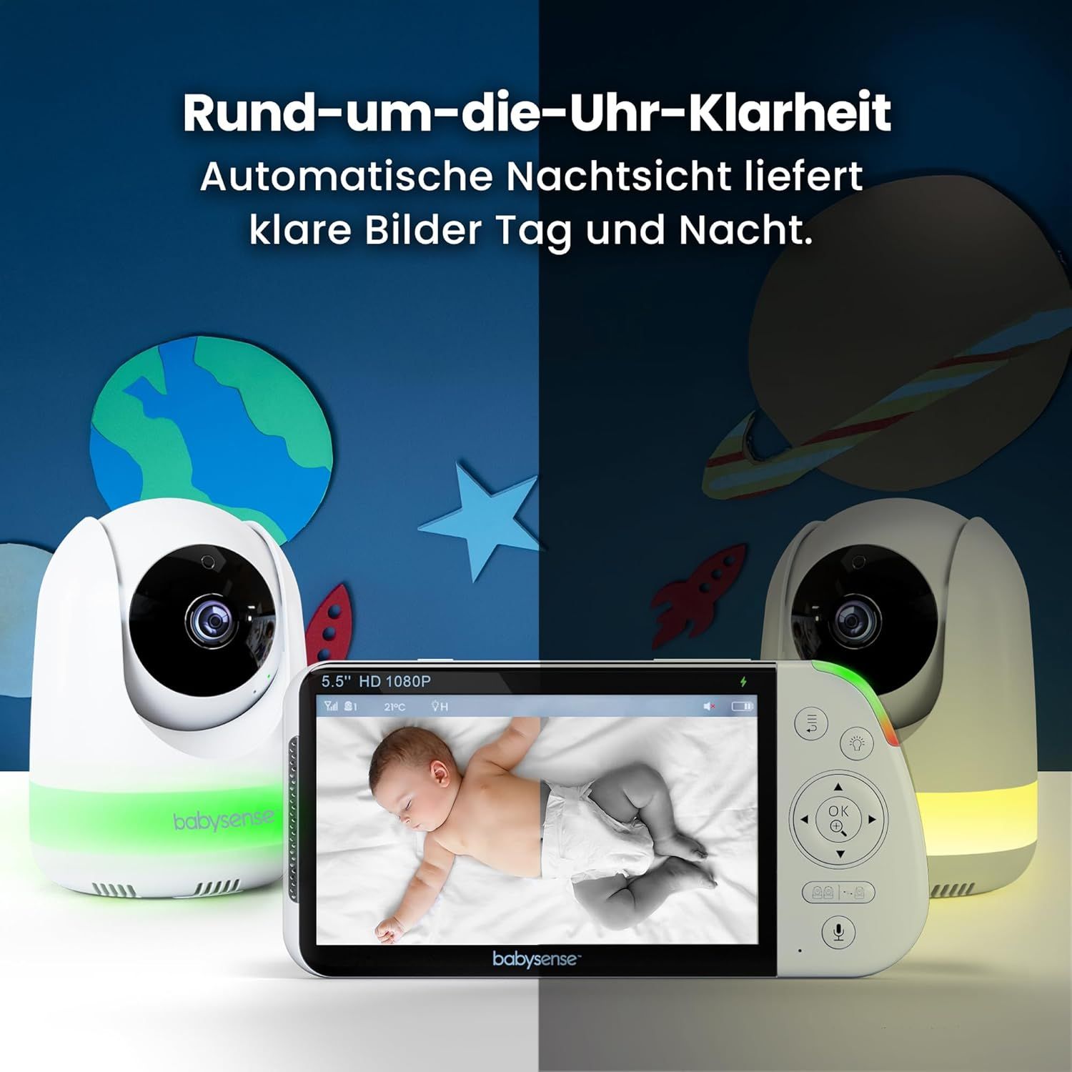 Babysense Full HD Split-Screen Babyphone mit 2 Kameras