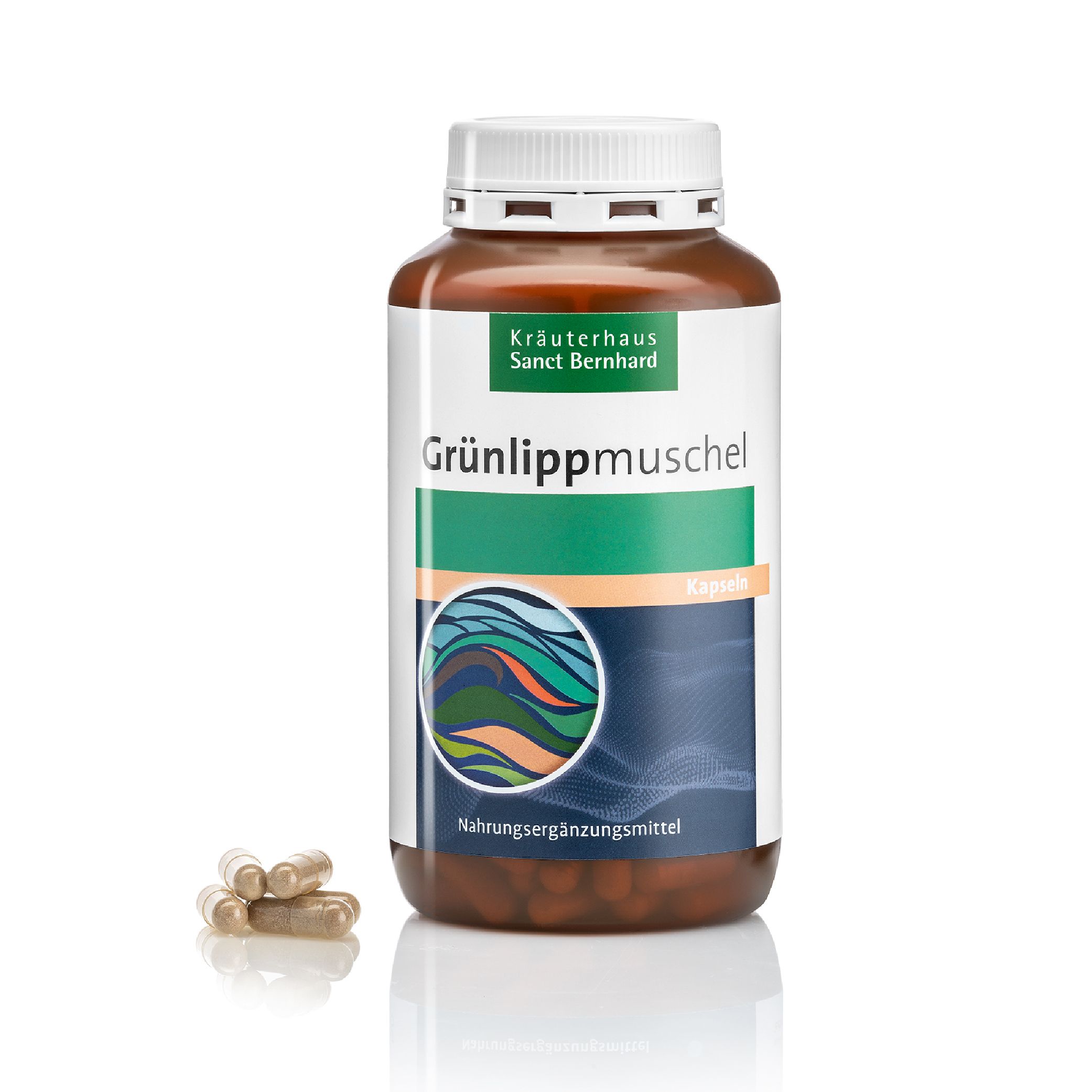 Produktflasche und Kapseln. Flasche mit weißem Deckel, braune Kapseln, Produktname und Logo.