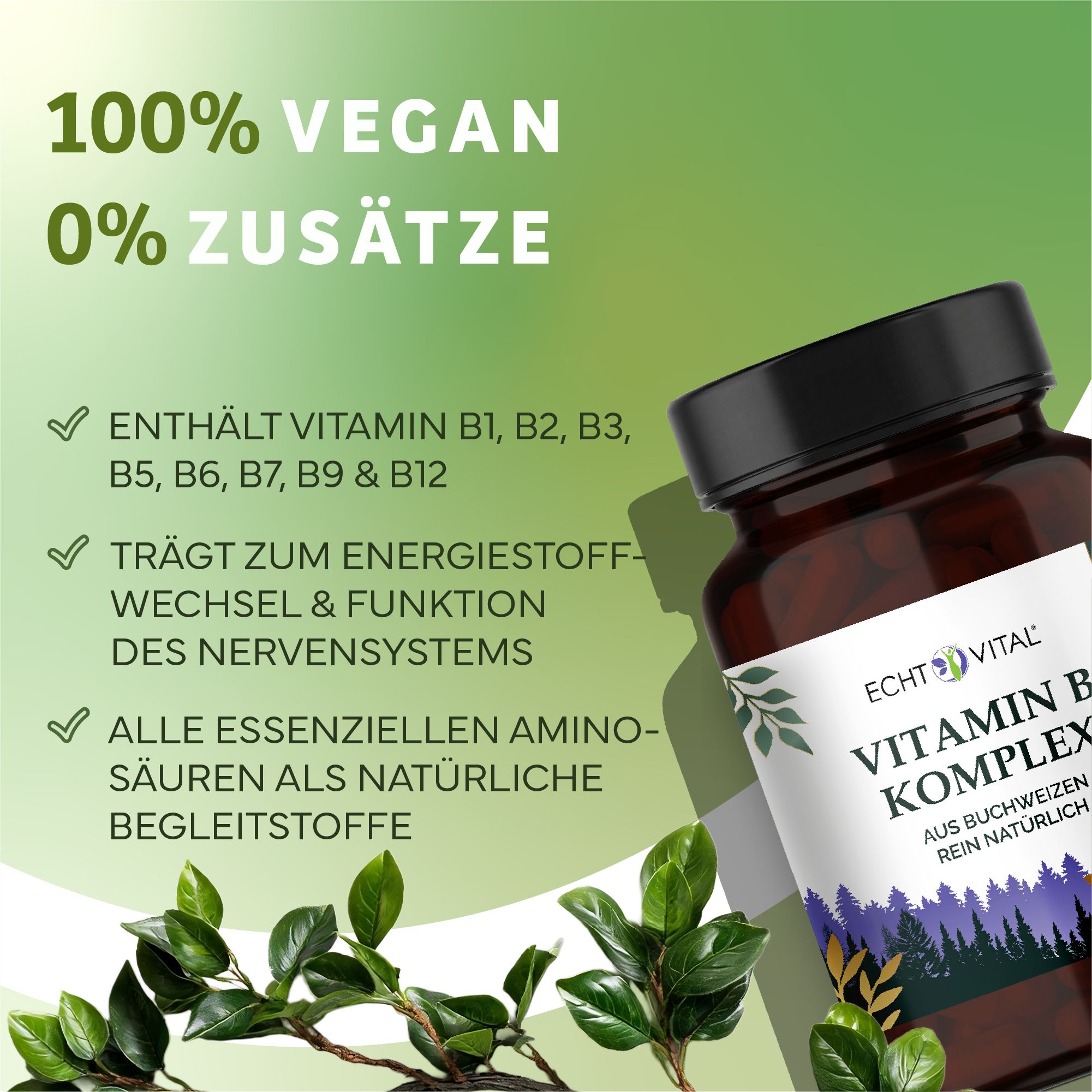 Braune Glasflasche mit schwarzem Deckel. Aufschrift: Echt Vital Vitamin B Komplex. Grünpflanzen im Vordergrund. Text: 100% vegan, 0% Zusätze.