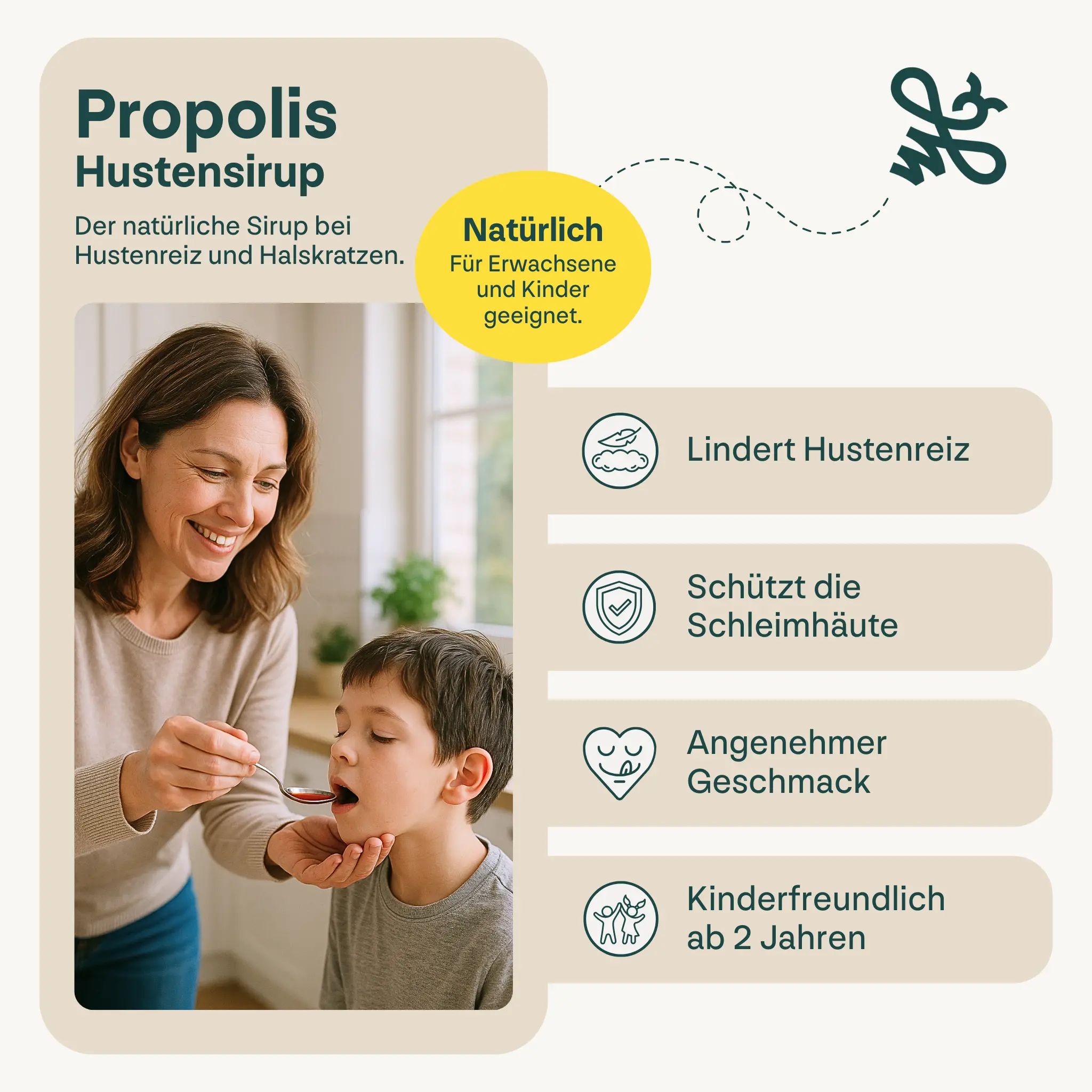 Frau gibt Kind Heybee Propolis Hustensirup. Text: Natürlich für Erwachsene und Kinder geeignet. Lindert Hustenreiz. Schützt Schleimhäute.