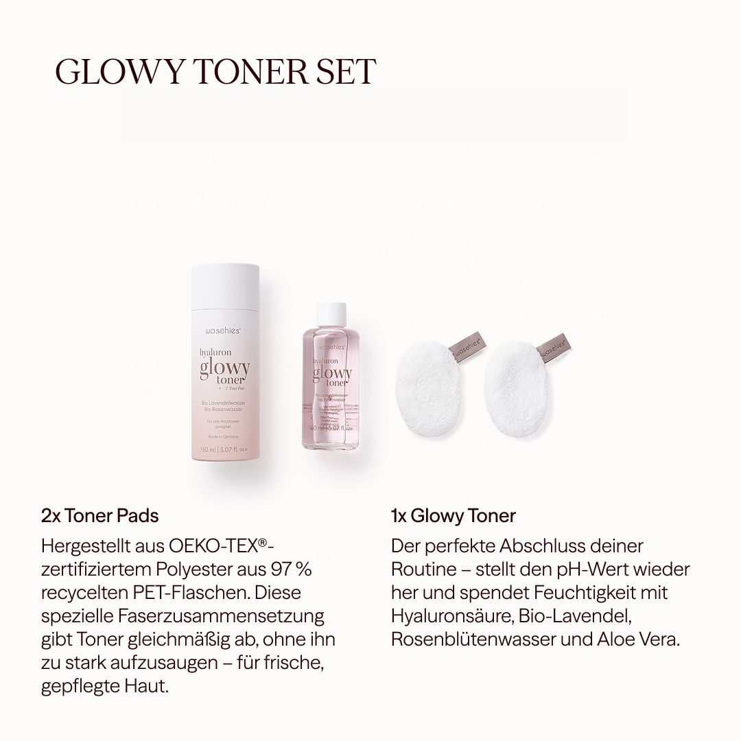 Produkt-Set mit zwei Toner Pads, einer Toner-Flasche und einer weiteren Flasche. Text beschreibt die Produkte.