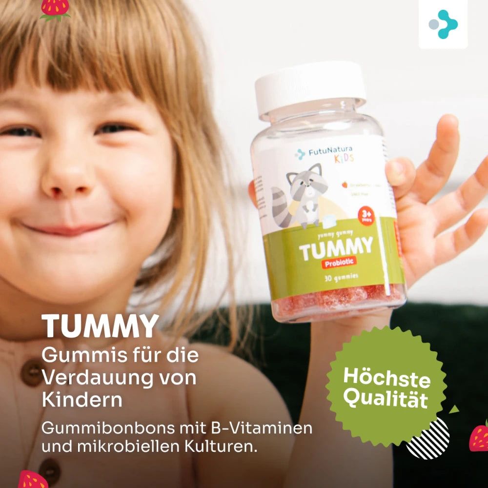 Kind hält Flasche mit Gummibärchen. Aufschrift: Tummy, Probiotic. Logo: FutuNatura Kids. Text: Gummies für Kinder.
