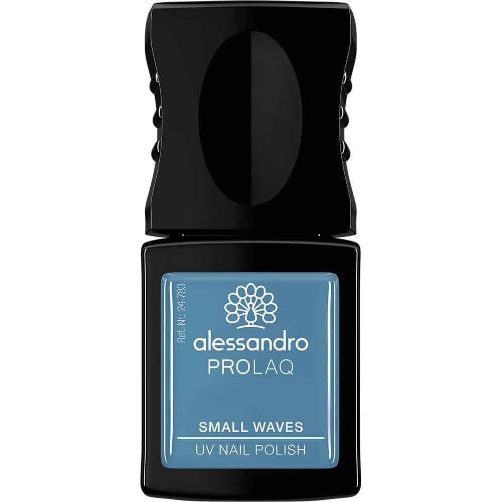 UV-Nagellackflasche. Blaues Etikett mit "alessandro PROLAQ SMALL WAVES UV NAIL POLISH". Schwarzer Deckel.