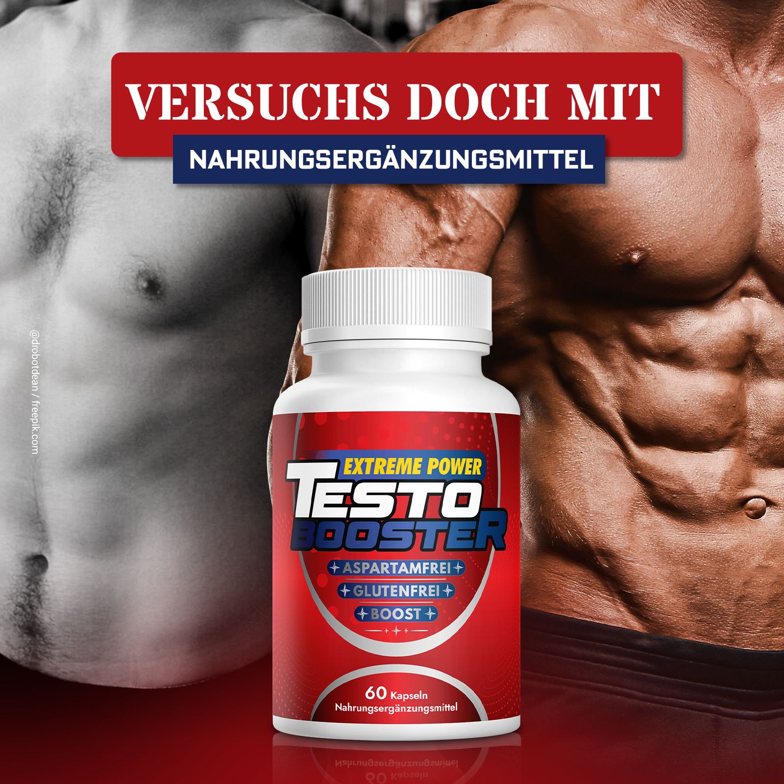 Weiße Flasche mit rotem Etikett. Text: Testo Booster, Extreme Power, aspartamfrei, glutenfrei, Boost. 60 Kapseln. Hintergrund: muskulöser Mann.