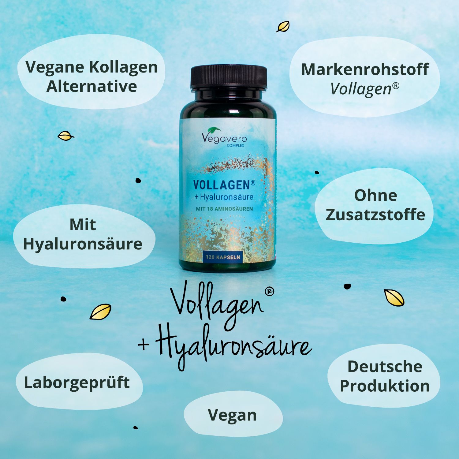 Flasche mit Kapseln, umgeben von Infografiken. Aufschrift: Vegavaro, VOLLAGEN + Hyaluronsäure, 120 Kapseln.