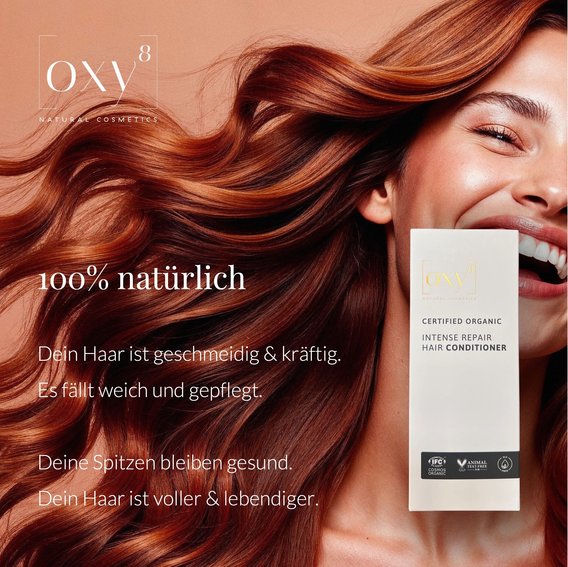 Werbung mit Frau und Produkt. Produkt: "INTENSE REPAIR HAIR CONDITIONER". Text: "100% natürlich".