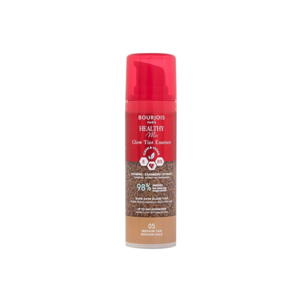 Bourjois Paris Healthy Mix Glow Tint Essence. Rote und braune Flasche. 05 Medium Tan. 98% Inhaltsstoffe natürlichen Ursprungs.