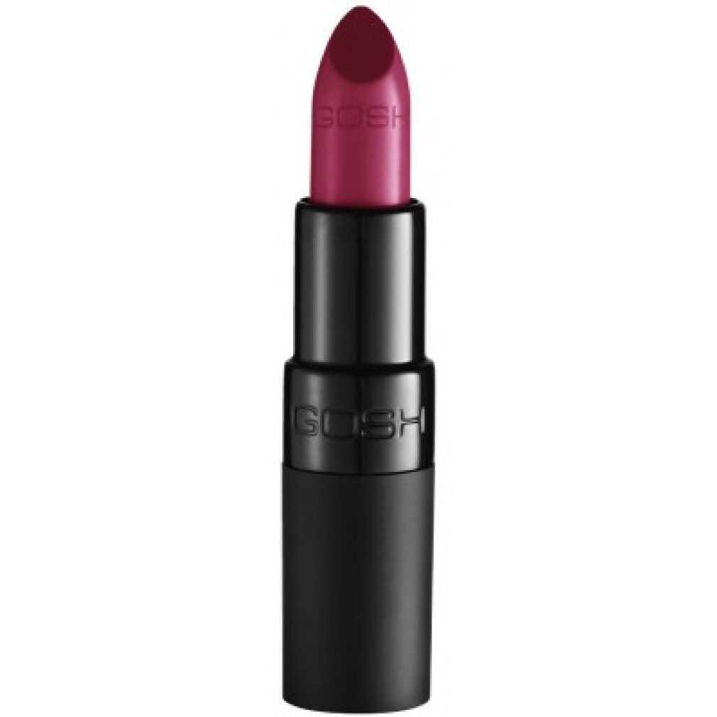 Lippenstift, dunkelroter Farbton. Schwarze Hülse mit GOSH-Logo. Produktansicht.