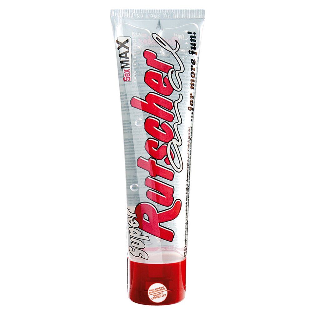 Transparente Tube mit rotem Verschluss. Aufdruck: SexMAX, Super Rutscher, roter Schriftzug. Text: ...for more fun!