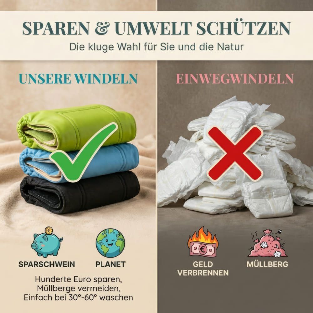 Vergleich: Windeln vs. Einwegwindeln. Windeln in Grün, Blau, Schwarz. Einwegwindeln. Sparschwein, Planet.
