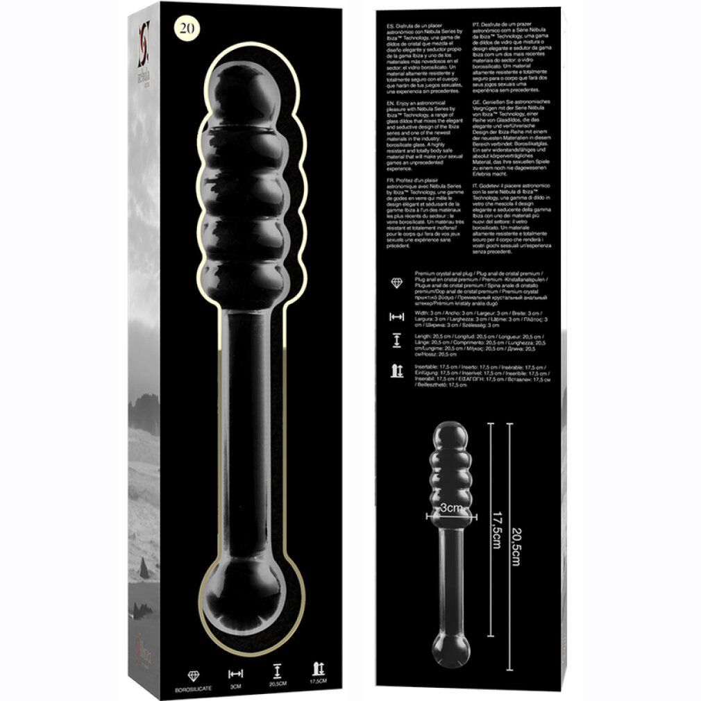 Verpackung für Borosilikatglas-Dildo, Modell 20, mit Produktabbildung und Maßen.