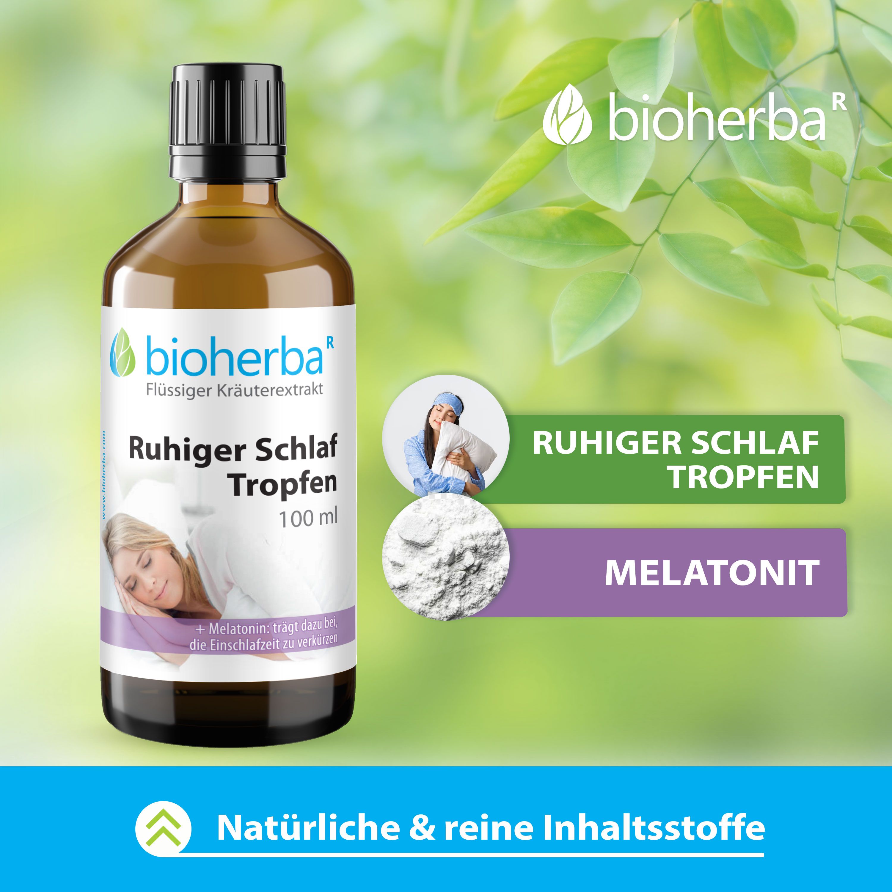Braune Glasflasche mit schwarzem Deckel. Etikett: Ruhiger Schlaf Tropfen. Melatonin-Hinweis. Natürliche Inhaltsstoffe.
