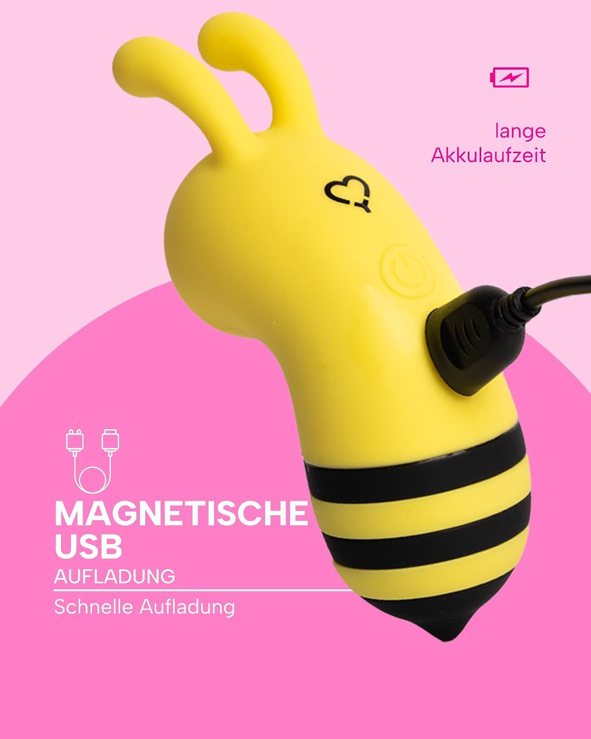 Gelber Vibrator in Bienenform mit schwarzen Streifen, USB-Ladeanschluss.