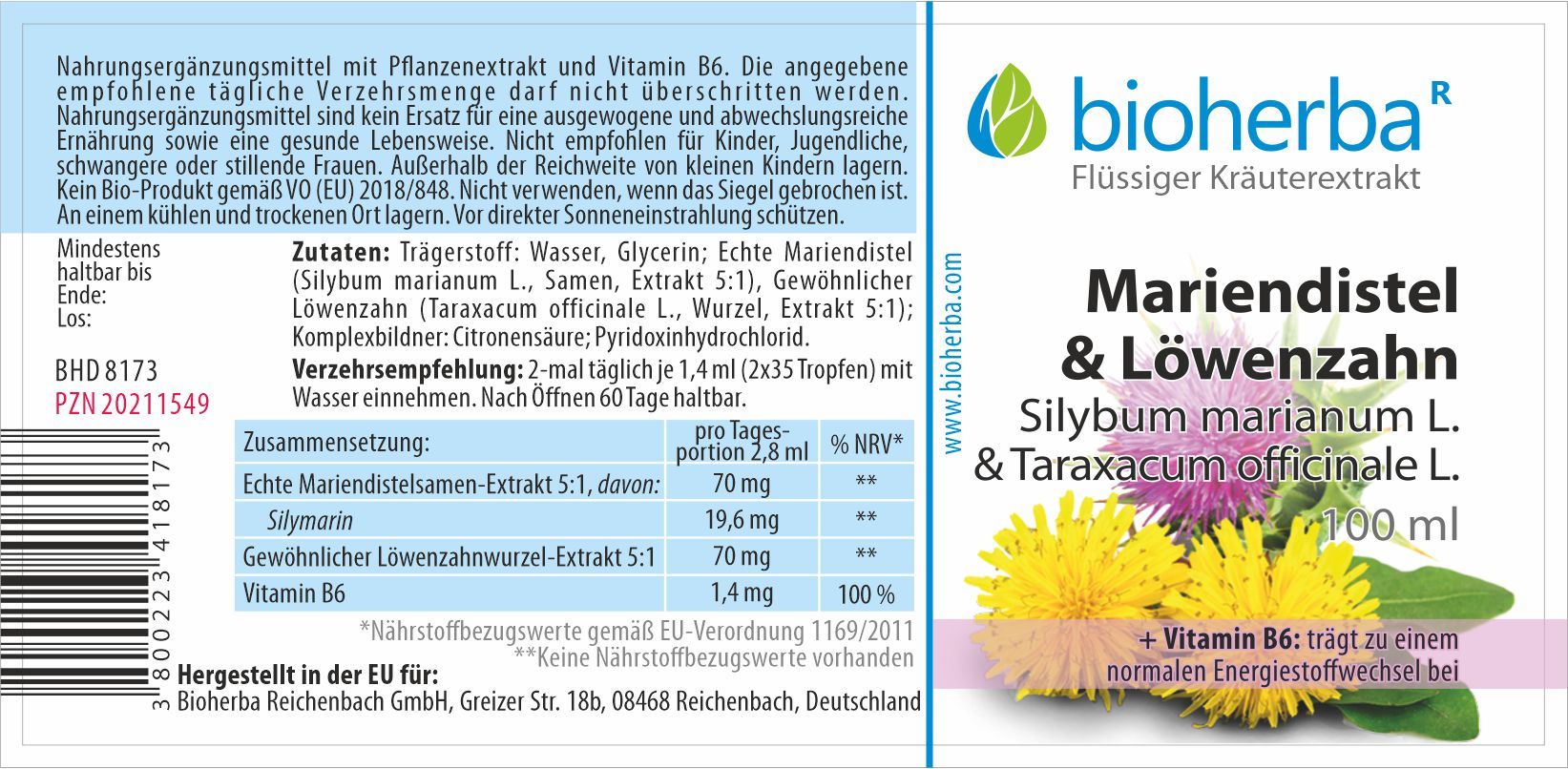 Etikett mit Produktinformationen. Enthält Mariendistel & Löwenzahn. Text in deutscher Sprache. Marke: Bioherba.