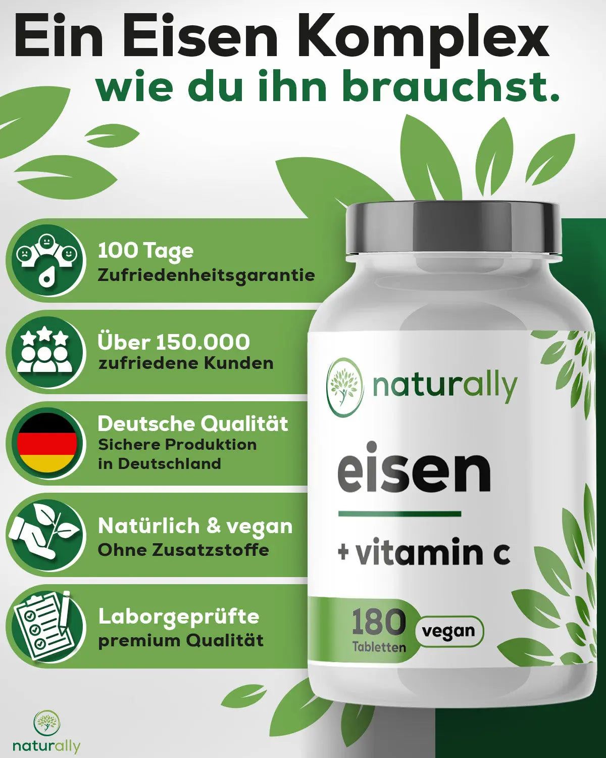 Werbung mit Flasche. Text: Ein Eisen Komplex. Vorteile: 100 Tage Garantie, über 150.000 Kunden, deutsche Qualität.
