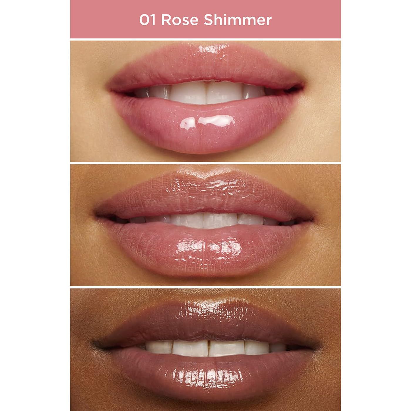Drei Lippen-Nahaufnahmen. Verschiedene Hauttöne. Produktname '01 Rose Shimmer' oben.