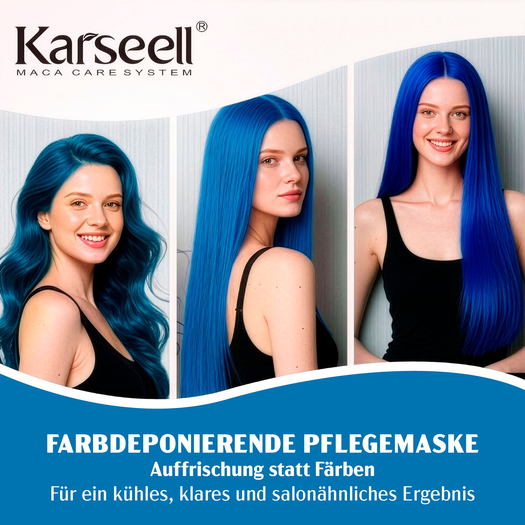 Drei Frauen mit blau gefärbten Haaren. Text: Farbdeponierende Pflegemaske. Für ein kühles, klares und salonähnliches Ergebnis.