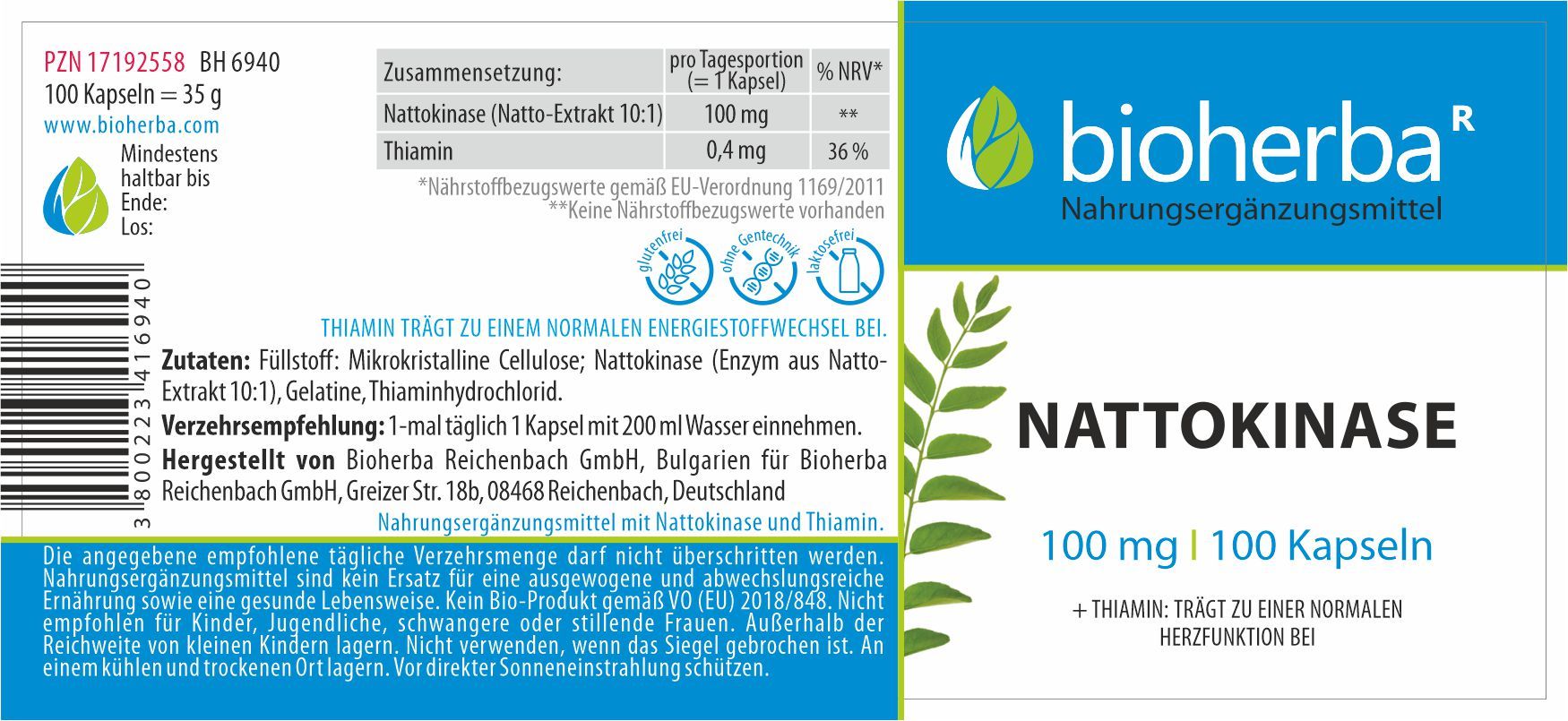 Etikett mit Produktinformationen. Enthält Nattokinase, 100 Kapseln, 100 mg. Marke: Bioherba.