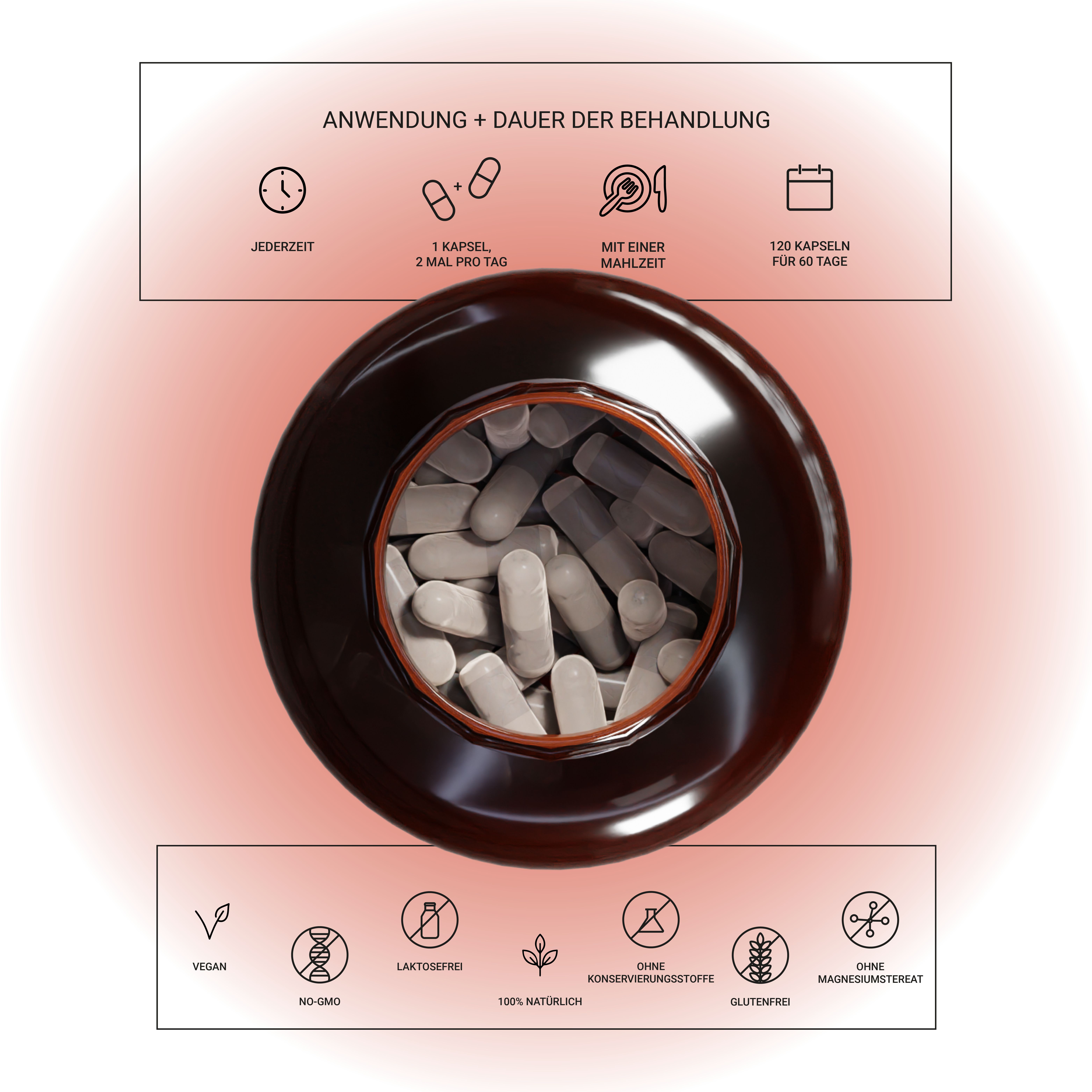 Braune Flasche mit Kapseln. Text: Anwendung und Behandlungsdauer. 1 Kapsel, 2 mal täglich, mit Mahlzeit, 120 Kapseln für 60 Tage. Vegan, glutenfrei.