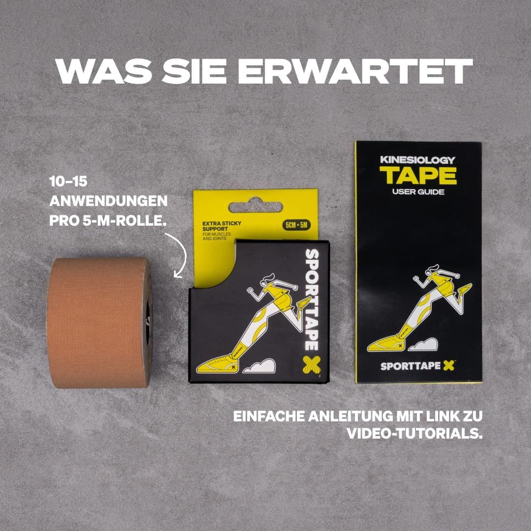 Lieferumfang: Kinesio-Tape Rolle, Box, Anleitung mit Video-Tutorial-Link. 10-15 Anwendungen pro Rolle.