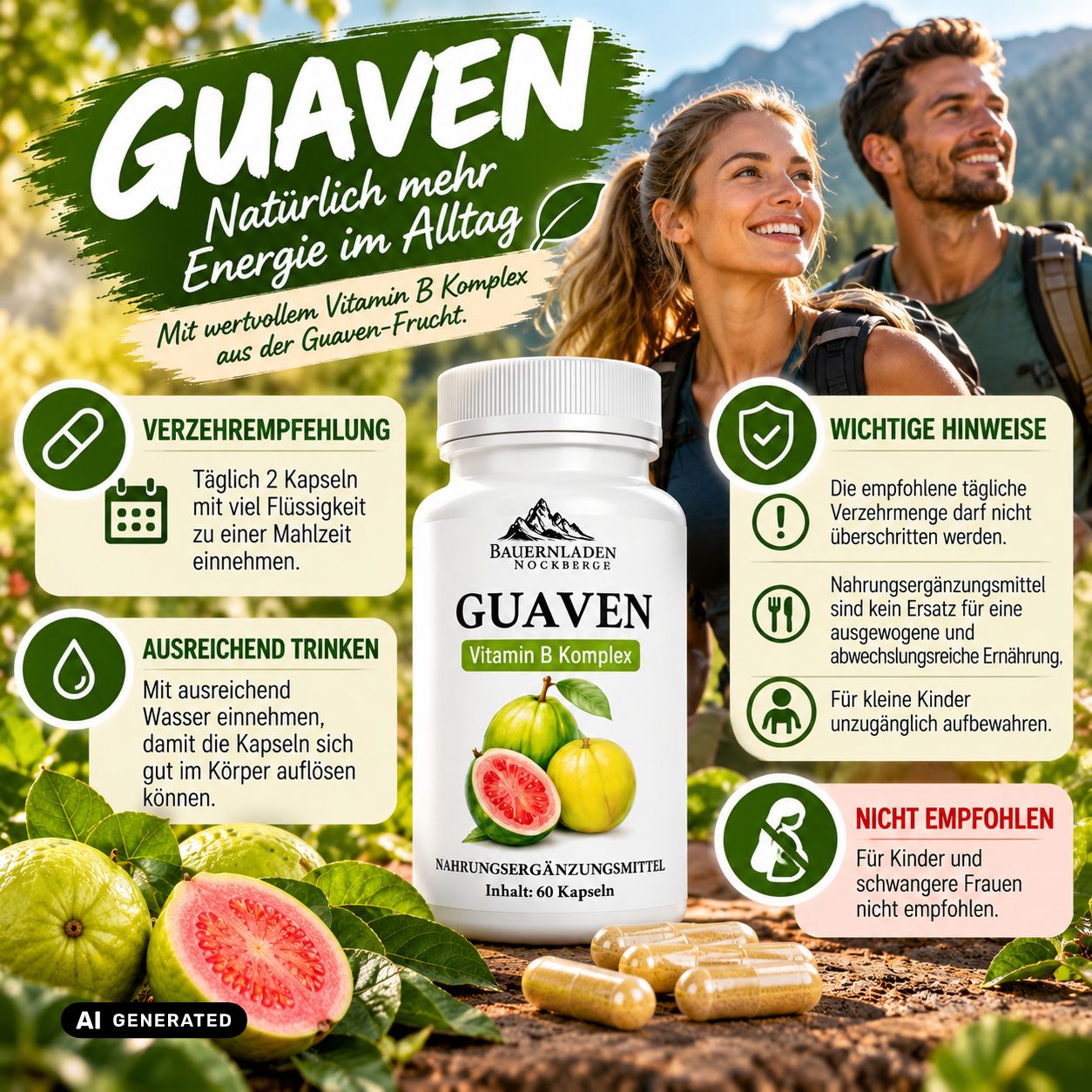 Flasche mit Guaven Vitamin B Komplex Kapseln, daneben Guavenfrüchte und Kapseln.