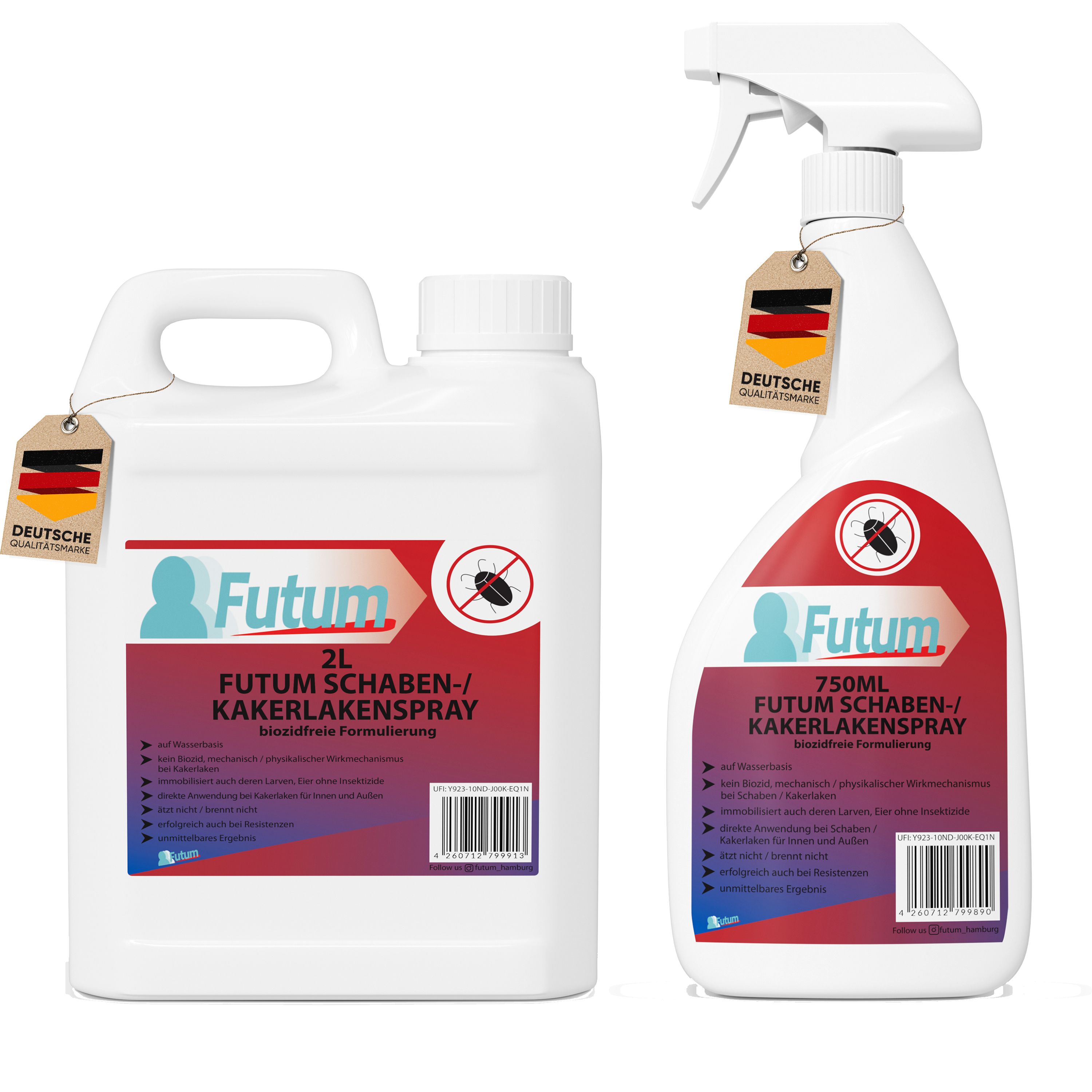Zwei weiße Flaschen FUTUM Schaben-/Kakerlakenspray. Eine 2L Flasche mit Griff und eine 750ml Sprühflasche. Beide mit Etiketten und deutschem Qualitätssiegel.