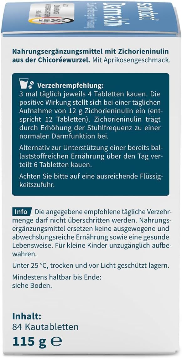 Seite der Sanotact Darm aktiv-Verpackung. Text: Verzehrempfehlung, Inhaltsangaben, Haltbarkeit, Lagerungshinweise.