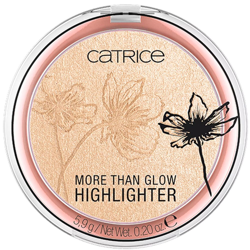 Runder Highlighter-Kompaktpuder. Rosa Umrandung, transparente Abdeckung. Aufschrift: Catrice, More Than Glow Highlighter. Blumenmuster.