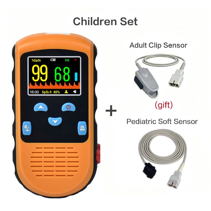 Orange Pulsoximeter mit Farbdisplay, das SpO2 und Puls anzeigt. Enthält einen Erwachsenen-Clip-Sensor und einen pädiatrischen Soft-Sensor.