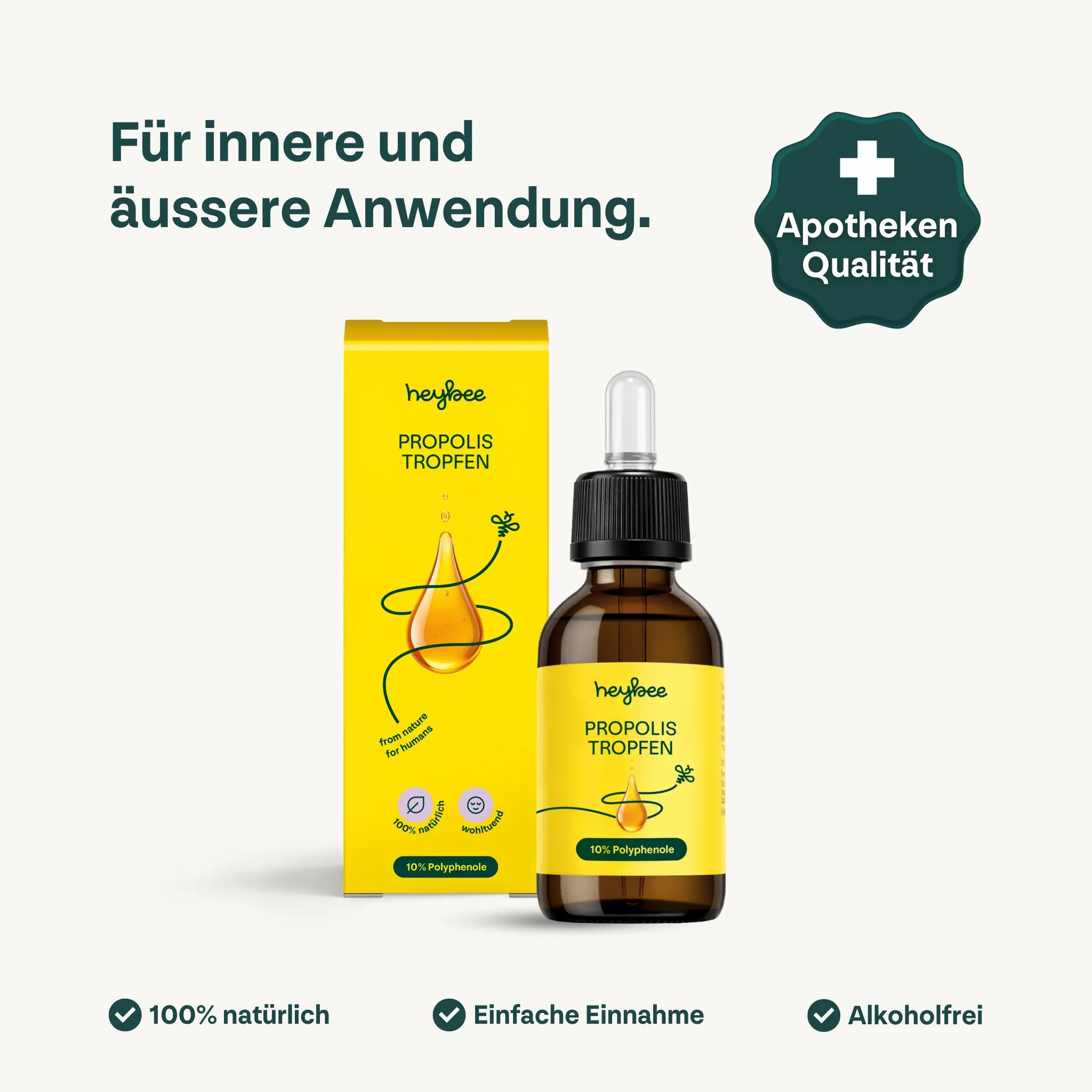 Braune Glasflasche und gelbe Verpackung. Aufschrift: Heybee Propolis Tropfen. Apotheken Qualität.