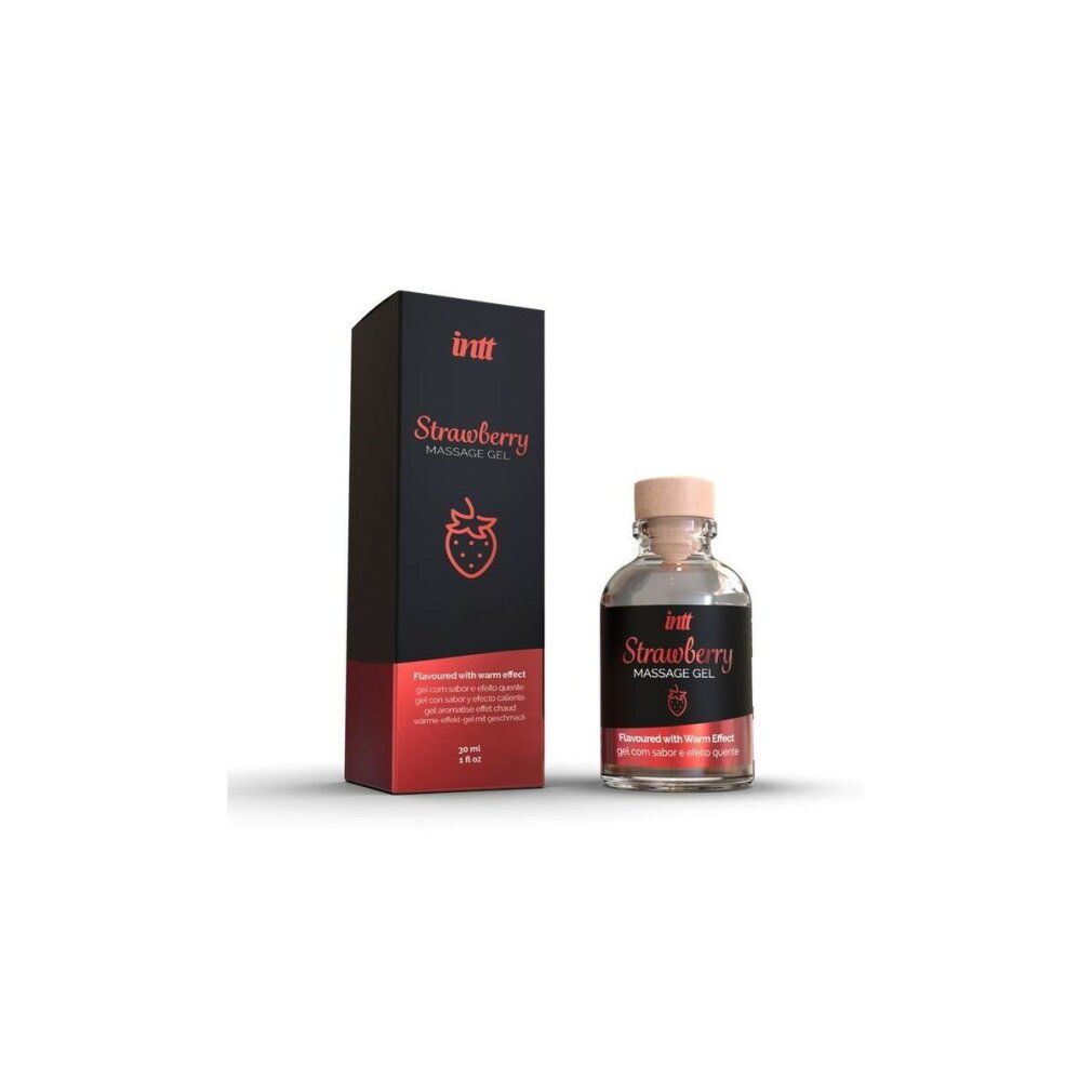 Klarer Flakon mit rotem Etikett und "Strawberry Massage Gel". Schwarze Verpackung mit Erdbeersymbol und Produktinformationen.
