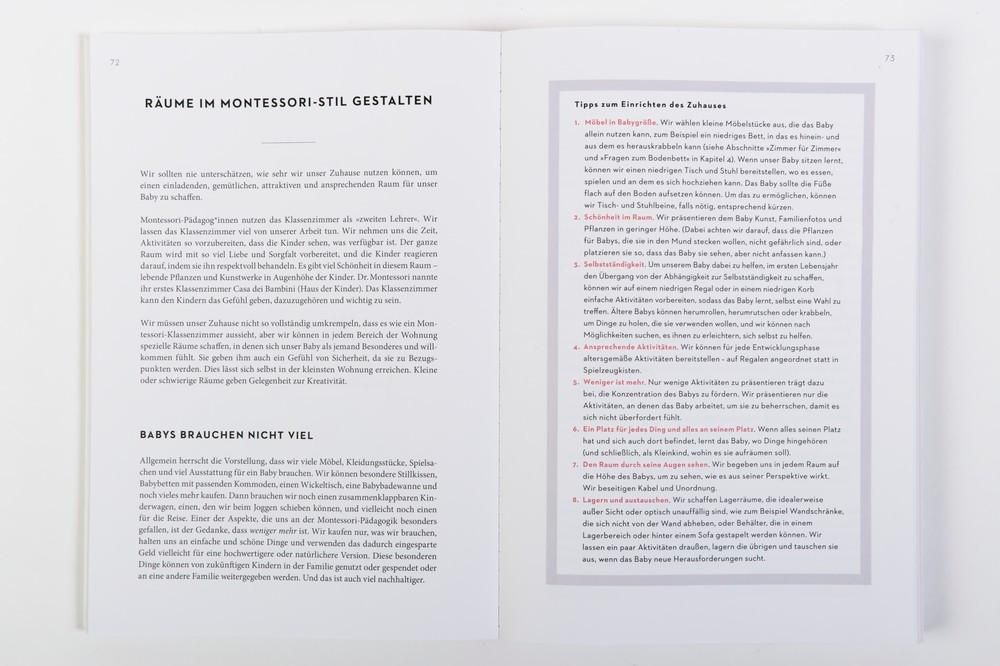 Buchseiten geöffnet. Text in deutscher Sprache. Überschrift: "Räume im Montessori-Stil gestalten".