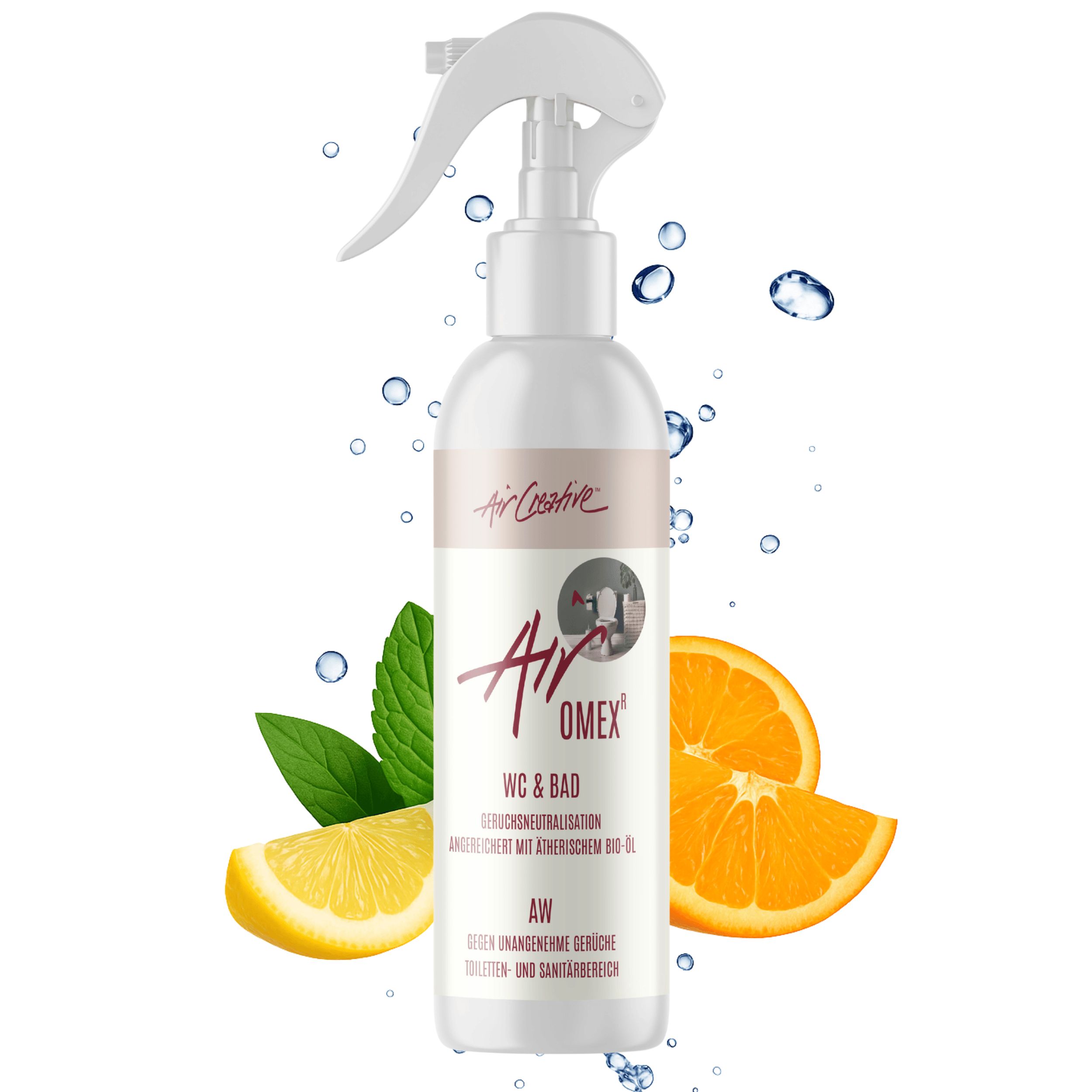 Weiße Sprühflasche mit Aufschrift Airomex® AW WC & Bad. Mit Zitrusfrüchten und Minze dekoriert.