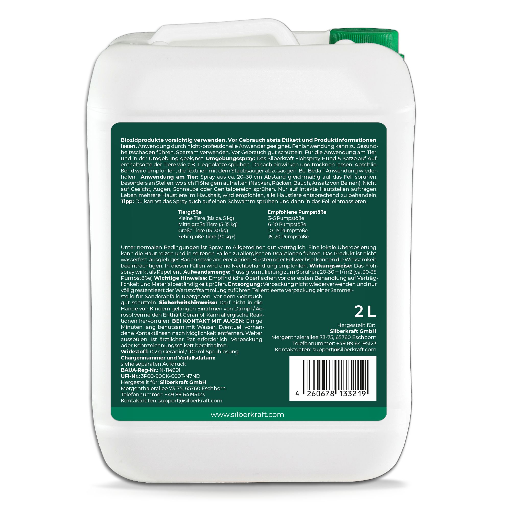 Rückseite des Kanisters. Text und Informationen. 2L. Herstellerinformationen. Barcode.