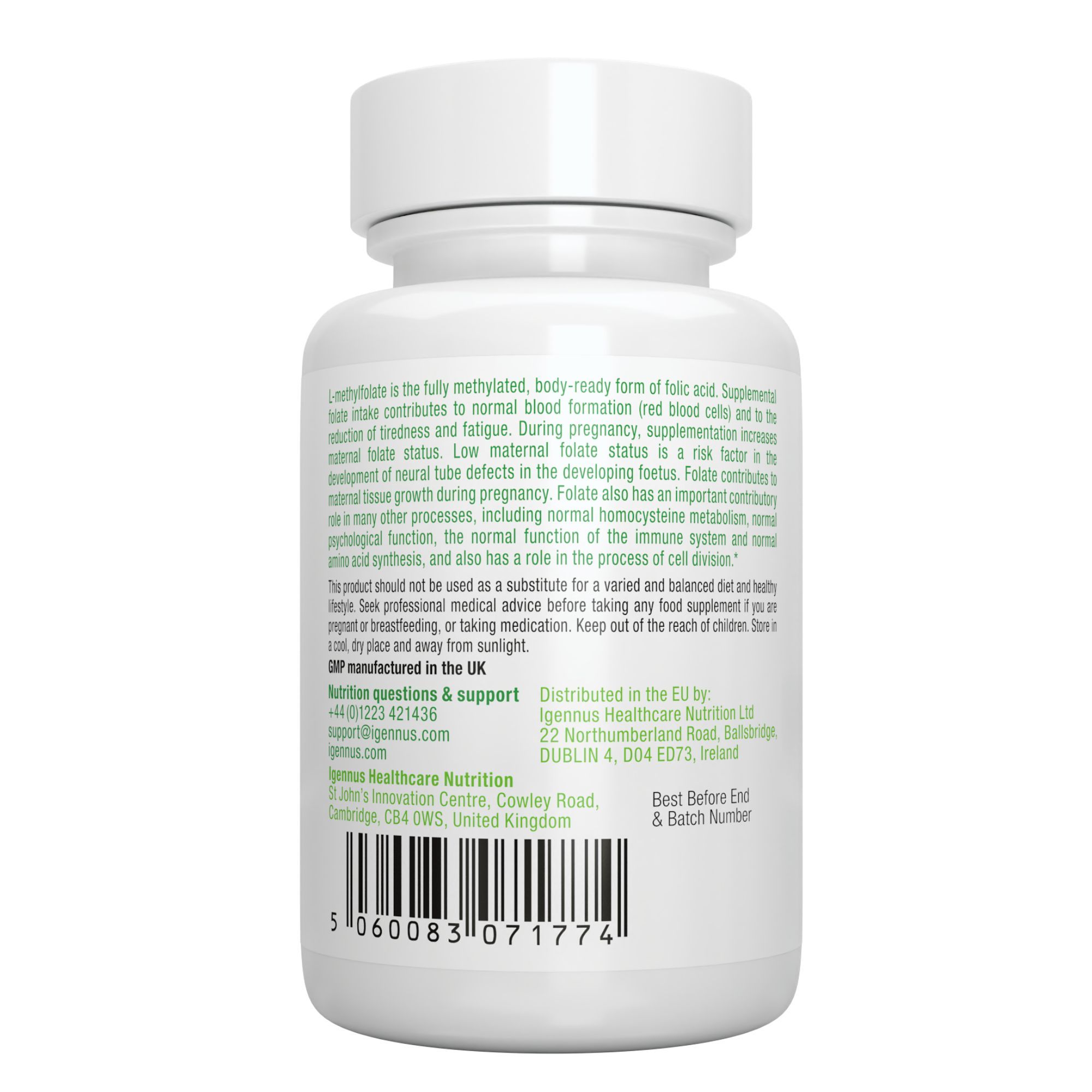 Rückseite einer Igennus L-Methylfolat Flasche mit Nährwertangaben.