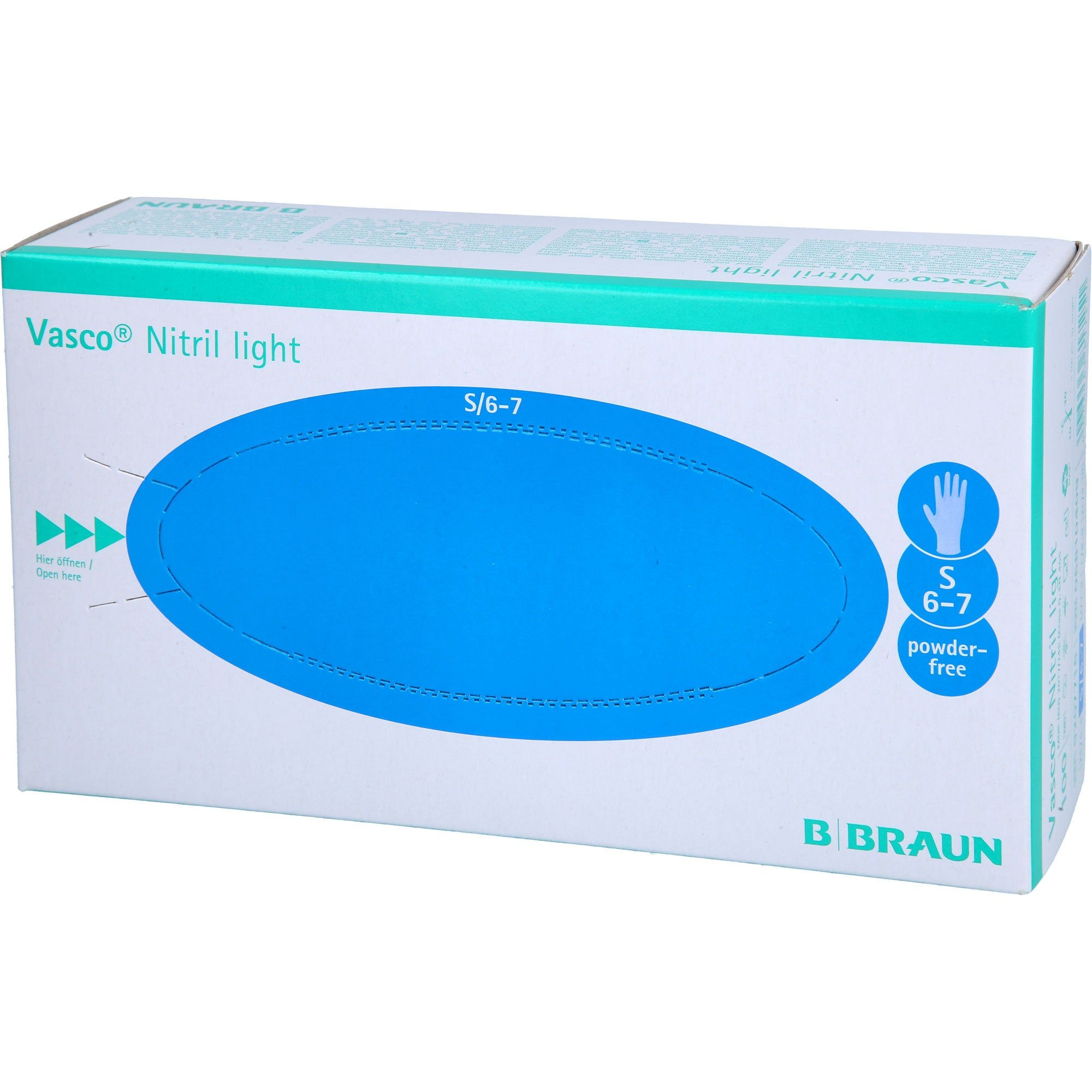 Karton B. Braun Vasco® Nitril light Untersuchungshandschuhe. Blaues Oval, Größe S/6-7, puderfrei. Marke und Produktname.