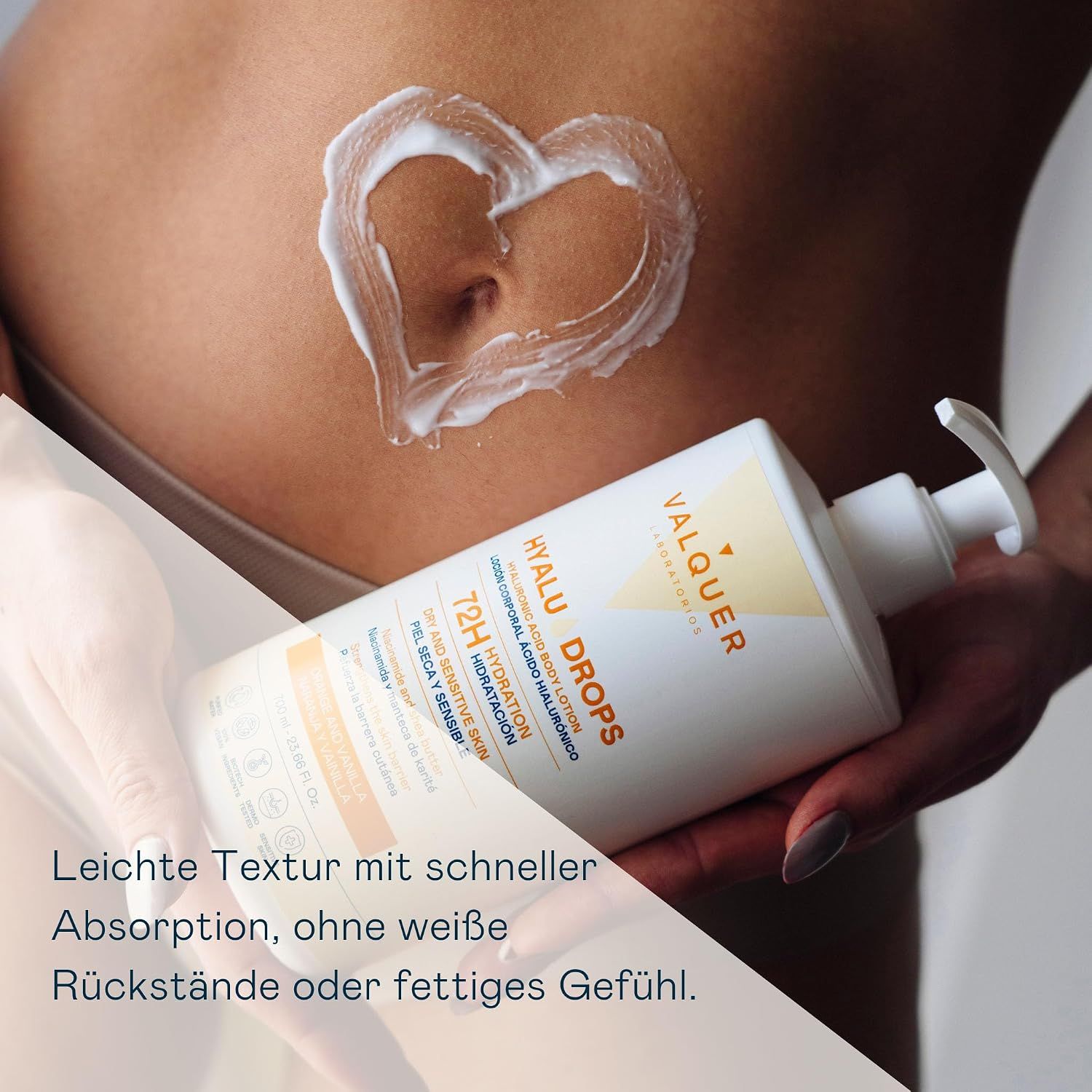 Bauch mit Herz aus Lotion und einem Spender Valquer Hyalu Drops.