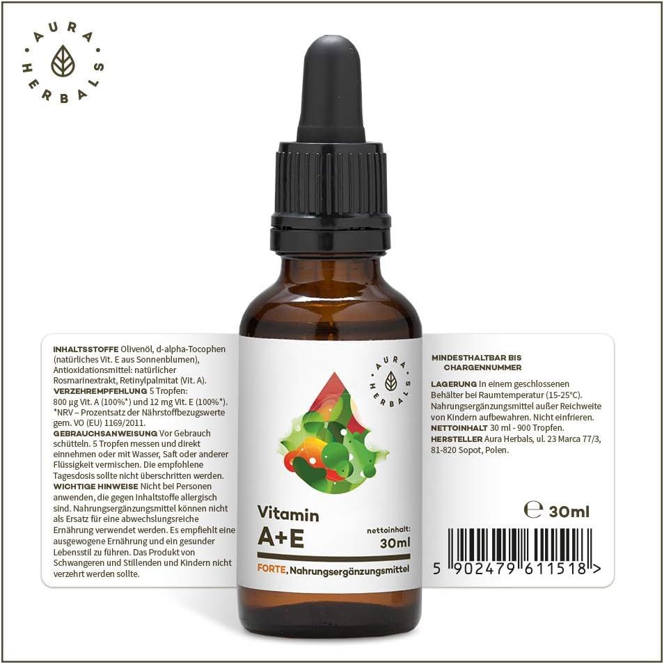 Braune Glasflasche mit Pipette, Aura Herbals Vitamin A+E FORTE Etikett. 30 ml.