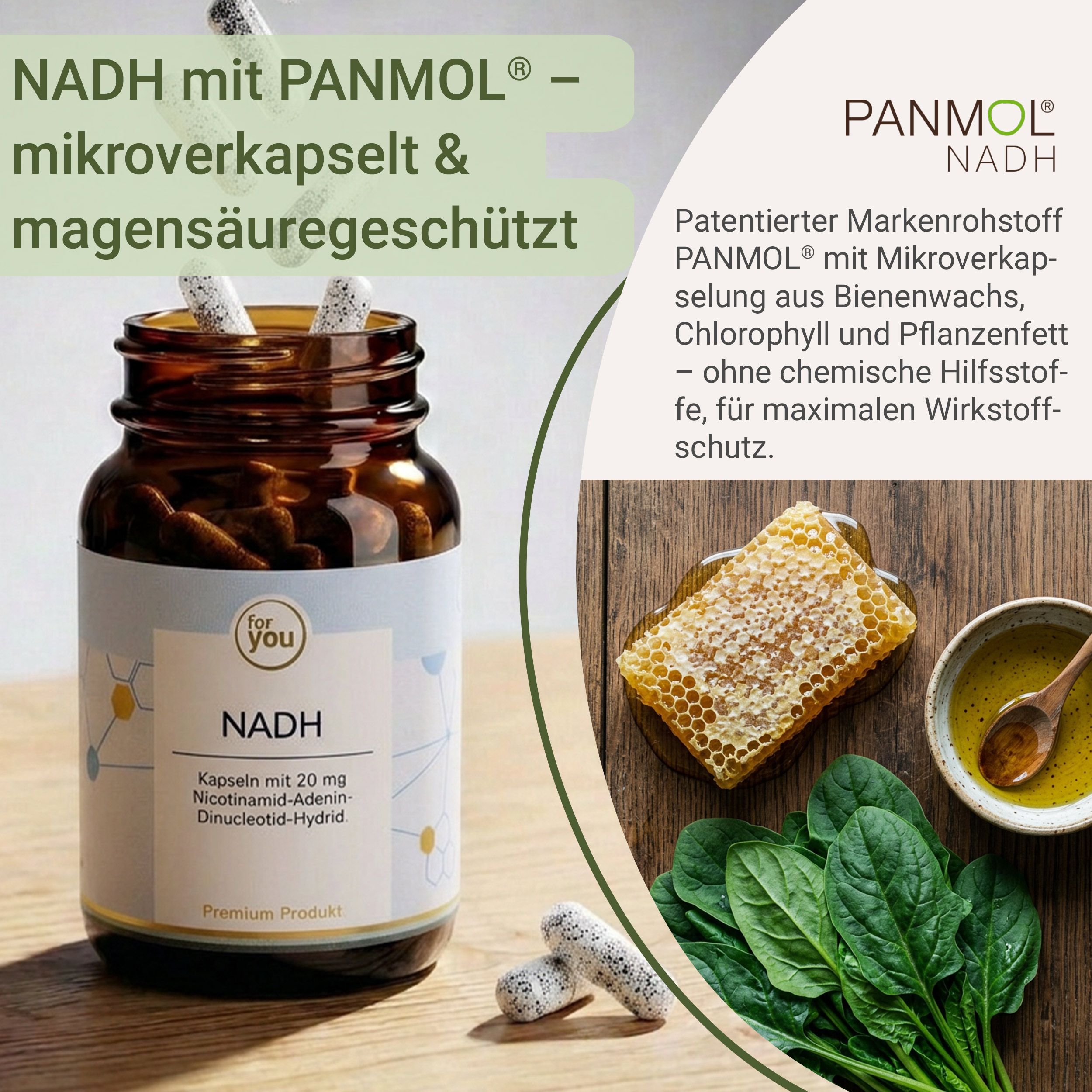 Eine Flasche NADH-Kapseln, daneben Spinat, Honigwabe und Öl. Die Kapseln sind mikroverkapselt und magensäuregeschützt.