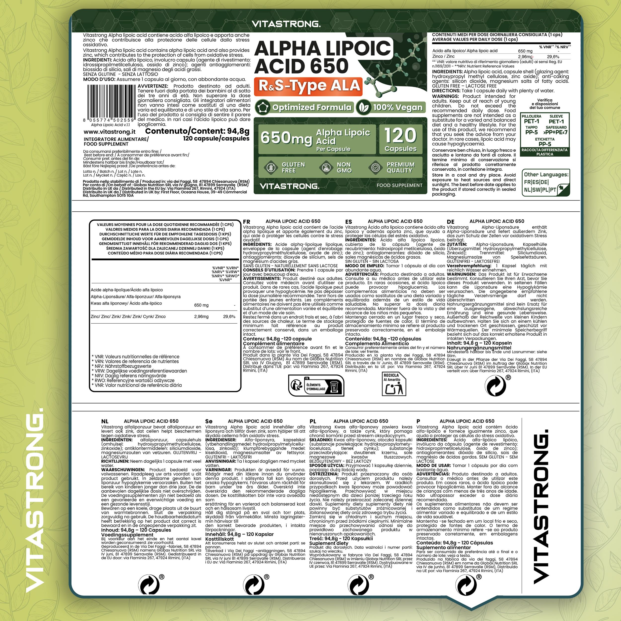 Rückseite der Produktverpackung. Text: Alpha-Liponsäure 650, ALA R&S, 120 Kapseln.