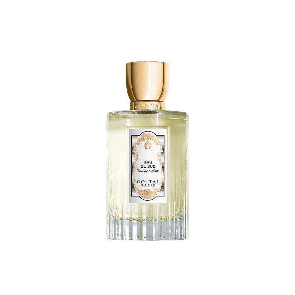 Goutal Paris Eau Du Sud Eau De Toilette Spray. Rechteckige Glasflasche mit goldenem Deckel. Weißes Etikett mit Text und Verzierungen.