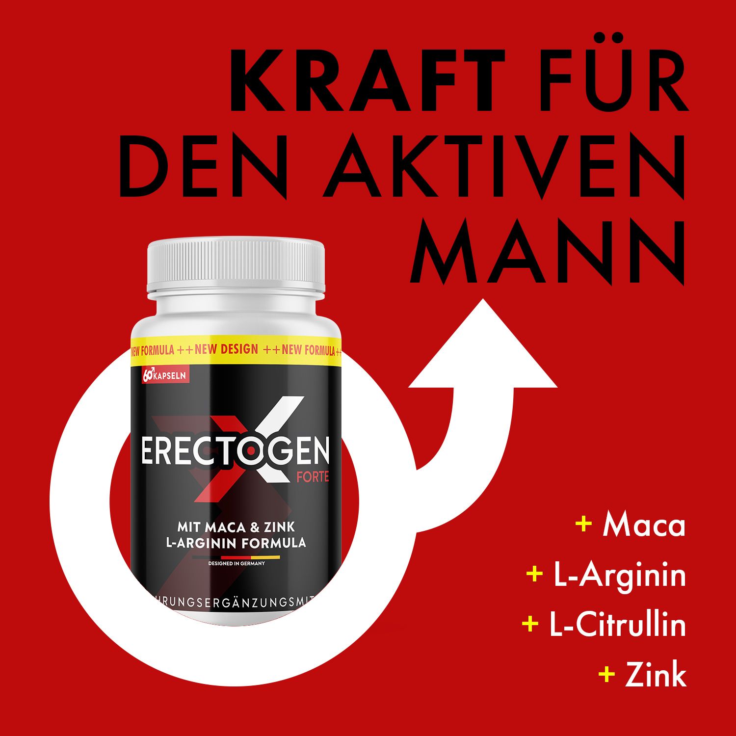 Produktflasche mit rotem Hintergrund. Text: Kraft für den aktiven Mann. Inhaltsstoffe: Maca, L-Arginin, L-Citrullin, Zink.