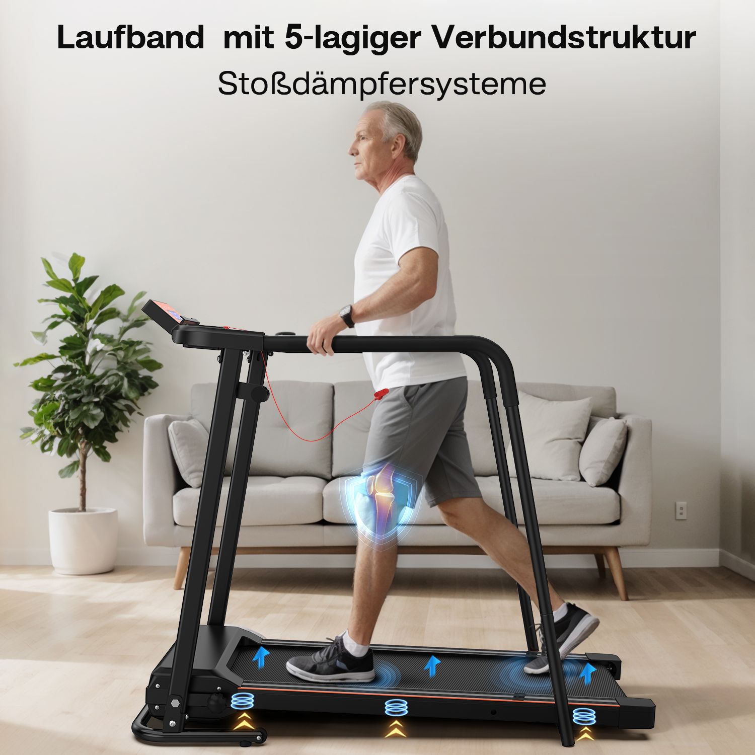 Schwarzes Laufband mit Handläufen. Ein Mann trainiert darauf. Text: Laufband mit 5-lagiger Verbundstruktur, Stoßdämpfersystem.